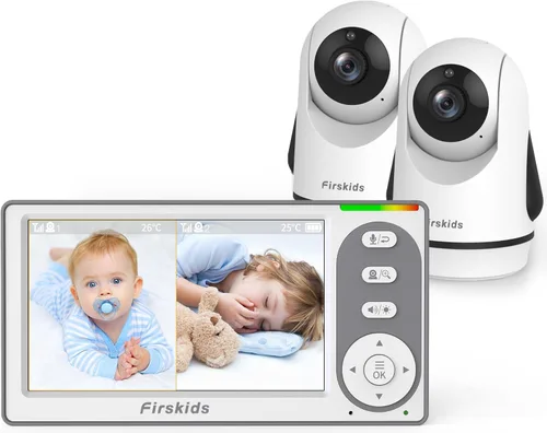 Monitor de Bebé con Pantalla Dividida con 2 Cámaras Sin WiFi, Batería de 30H, Panorámica-Inclinación-Zoom, Monitor para bebés con Visión Nocturna,
