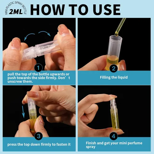 Miniatura 3 de Fandamei Mini botella de spray, 60 botellas de plástico transparente de 2ml (0.068 fl oz) vacías, mini botella de perfume recargable de niebla fina.