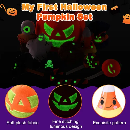 Miniatura 4 de Liliful Juego de 11 piezas de juguetes de calabaza de Halloween, animales de peluche que brillan en la oscuridad, cesta grande de calabaza de felpa