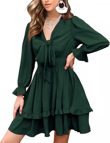 EXLURA - Mini vestido acampanado, con cuello en V, de manga globo larga, floral, con capas, volantes, cintura elástica y para anudar por delante,
