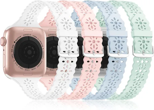 Bandiction - Paquete de 4 correas de silicona de encaje compatibles con Apple Watch de 38mm 40mm 41mm 42mm 44mm 45mm 46mm 49mm, correa delgada y