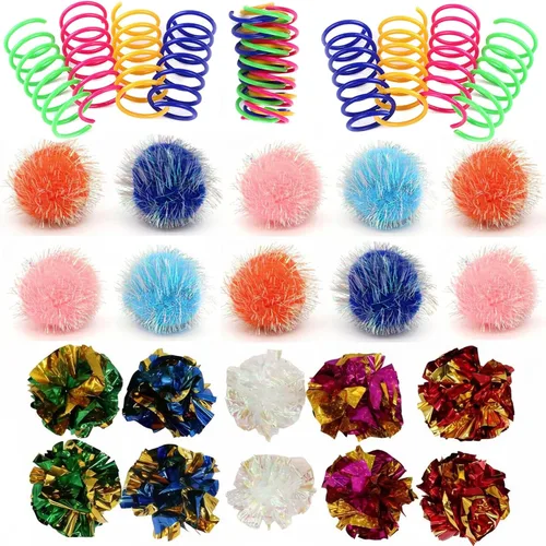 LASOCUHOO Juguetes para gatos, paquete de 30 juguetes interactivos para gatos, incluye bolas arrugadas para gatos, bolas brillantes para gatos,
