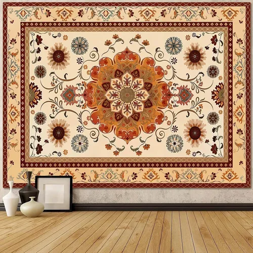 Fowocu Boho Floral Tapestry Wall Hanging Hippie Indian Bohemian Mandala Tapestry Aesthetic Vintage Flower Medallion Beige Yellow Small Tapestries