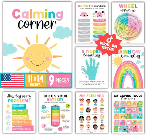 Miniatura 11 de Hadley Designs 9 carteles de esquina relajantes para el aula, suministros de esquina tranquila con tabla de emociones, póster de consejero escolar