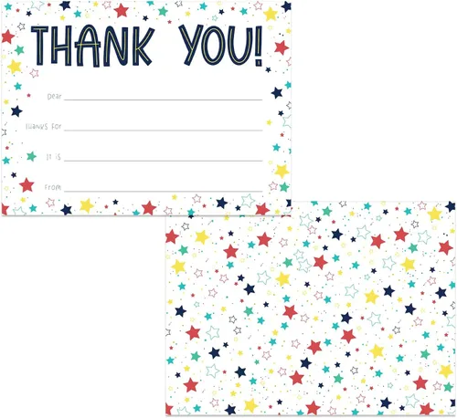 Colorful Stars Thank You Flat Cards / 20 Gender Neutral Kids Fill In Gratitude Note Cards With White Envelopes / 4 5/8" x 6 1/4" Birthday Party