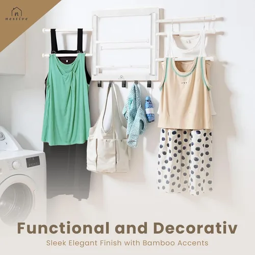 Miniatura 5 de Estante de secado de bambú para montaje en pared para lavandería, secadora de ropa plegable con 8 brazos y 5 ganchos, ahorro de espacio, 20 Natural