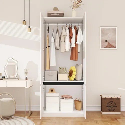 Miniatura 3 de Armario blanco Armario: Armario de madera de 74 pulgadas con 2 puertas, Armarios de dormitorio con barra para colgar, armario alto para colgar ropa