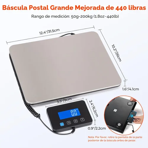 Miniatura 2 de MUNBYN Báscula de envío, báscula postal digital de 440 lb/1.8 oz para paquetes con función de retención/tara, LCD retroiluminado, batería y cable
