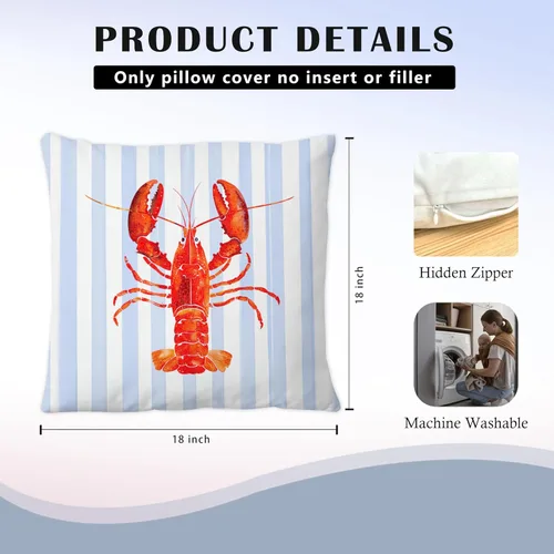 Miniatura 6 de Fundas de almohada costeras de langosta, fundas de almohada náuticas de langosta roja de Nueva Inglaterra con rayas azules y blancas para casa