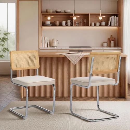 Miniatura 4 de Upholstered Velvet Dining Chairs Set of 2, Mid Century Modern Armless Upholstered Dining Chair with Rattan Back Stainless Chrome Frame for Dining