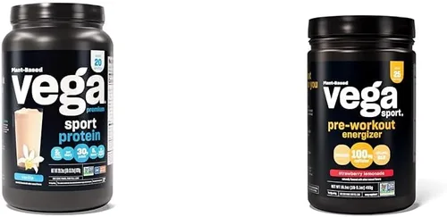 Vega Proteína deportiva premium de vainilla en polvo, vegano, sin OMG y estimulante deportivo para preentrenamiento, limonada de fresa, polvo para