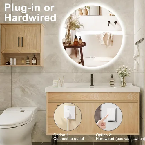Miniatura 7 de Espejo de baño LED redondo de 24 pulgadas, retroiluminado, antiniebla, 3 colores, luz regulable, montado en la pared, espejo de tocador de baño