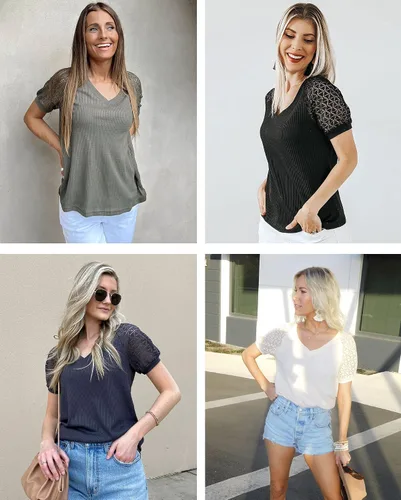 Miniatura 5 de MEROKEETY - Blusa de manga corta con cuello en V y encaje, de verano, para mujer