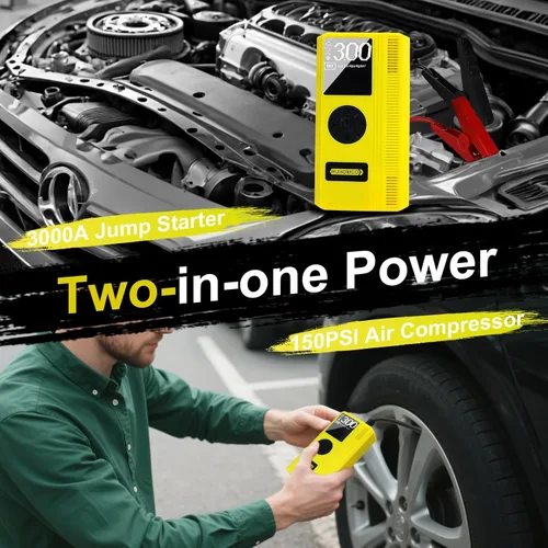 Miniatura 2 de Arrancador de coche 7 en 1 con compresor de aire, paquete de energía portátil de 3000A 12V, inflador digital de neumáticos de 150PSI para 9L