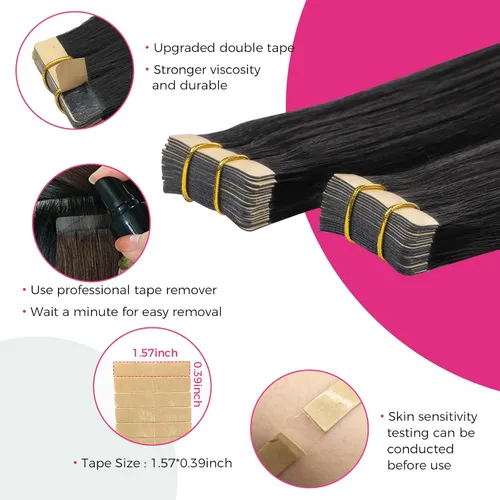Miniatura 4 de Lashey Extensiones de cabello humano real con cinta, 3.53 oz/paquete, 40 unidades, color negro natural, lacio, de 18 pulgadas, cinta invisible