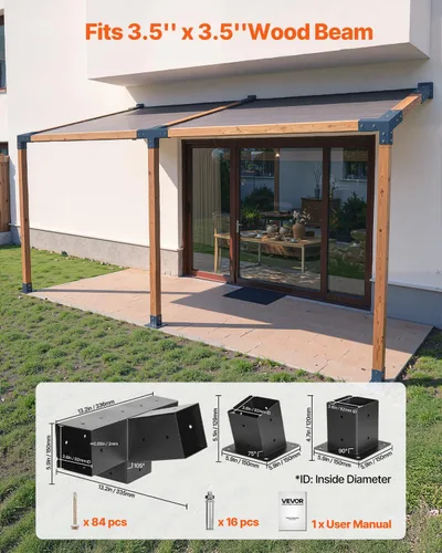 Miniatura 2 de Kit de pérgola VEVOR, soporte inclinado de 4 vías de 4x4 pulgadas para vigas de madera de 3.5x3.5 pulgadas en tamaño real, soporte de pérgola