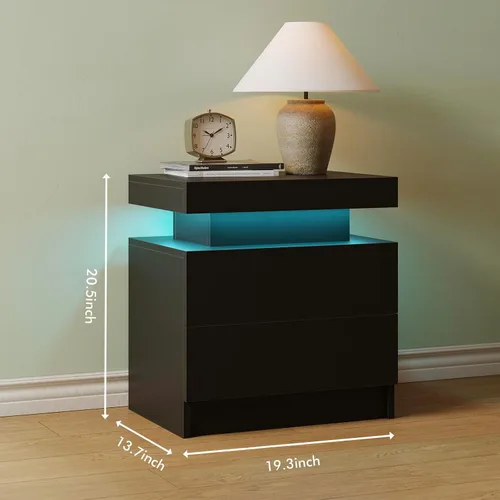 Miniatura 2 de Mesita de noche LED negra moderna con 2 cajones para mesa auxiliar de dormitorio