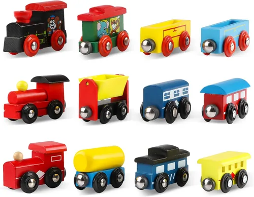 Miniatura 4 de Juego magnético de 12 piezas de tren de madera, incluye 3 motores y bolsa de almacenamiento, juegos de trenes de juguete para niños y niñas