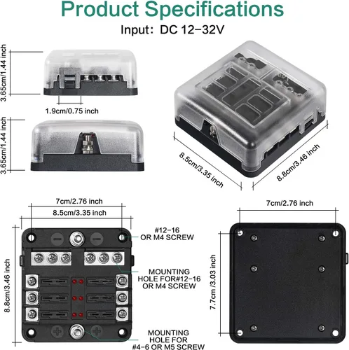 Miniatura 4 de Bloque de fusibles de 6 vías, fusible de hoja de 12 V, 6 circuitos, ATC/ATO, impermeable, soporte para caja de fusibles con indicador LED, cubierta