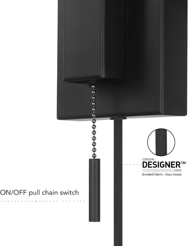 Miniatura 6 de Globe Electric 65000043 Lámpara de pared de 1 luz enchufable o cableada, negro mate, pantalla de tela blanca, brazo oscilante, cable de 1.8 metros