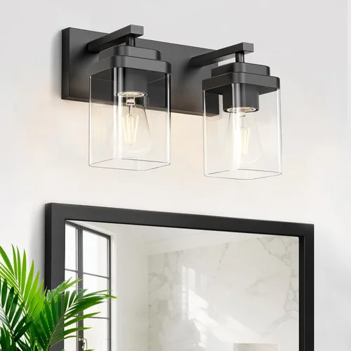 Miniatura 12 de Lámparas de baño de oro cepillado, 4 luces de baño sobre el espejo, diseño cuadrado y placa trasera grande rectangular, accesorios de iluminación