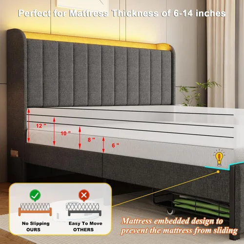 Miniatura 6 de Base de cama tamaño queen con cabecera de almacenamiento y 2 cajones, base de cama tapizada con luces LED y práctica estación de carga, no necesita