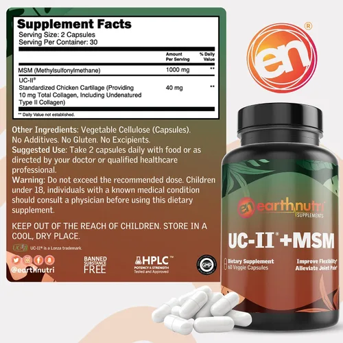 Miniatura 4 de EarthNutri Joint UC-II + MSM para la salud y flexibilidad ósea. Promueve la reparación saludable de las articulaciones y un mejor movimiento. 40 mg
