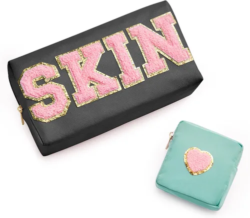 Miniatura 9 de Bolsa con letras de chenilla para viajes, A-Verde menta, Bolsa de maquillaje transparente a