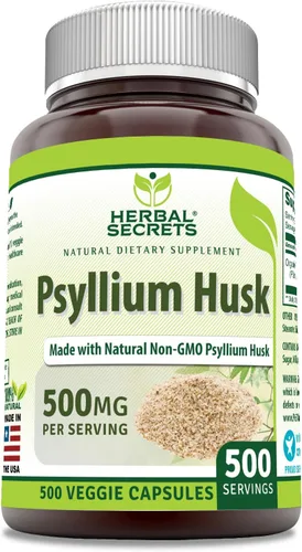 Herbal Secrets Suplemento de cáscara de psyllium | 500 mg por porción | 500 cápsulas vegetales | Sin OMG | Sin gluten | Fabricado en Estados Unidos
