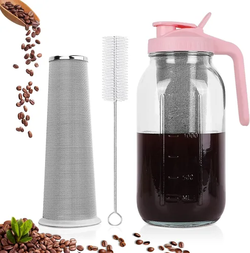 Miniatura 11 de Cafetera de café frío, jarra de frasco Mason con filtro de acero inoxidable, tapa con mango y pico vertedor, vidrio resistente hermético y a prueba