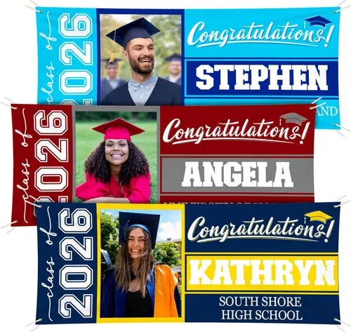 Cartel de graduación 2026 personalizado – Tus propios colores escolares, mensaje – 17 opciones de color 3 tamaños, vinilo de 13 onzas – Bandera de