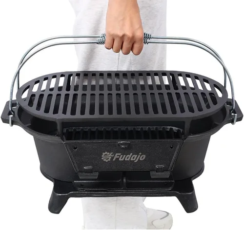 Miniatura 4 de Parrilla de carbón de mesa y hierro fundido Hibachi con plancha plana, barbacoa portátil al aire libre para camping, portón trasero y pícnic