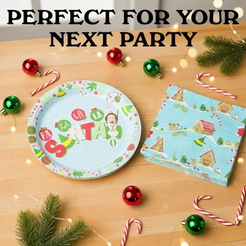 Miniatura 7 de Silver Buffalo Elf Buddy the Elf Fa La La Santa Snow Christmas - Paquete de 32 platos de papel desechables y servilletas para fiestas Buddy the Elf