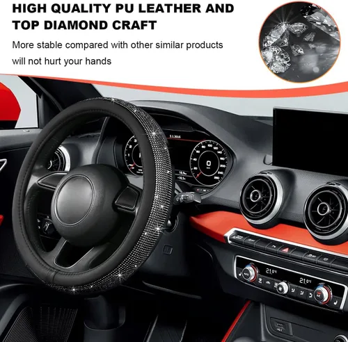 Miniatura 4 de Funda brillante para volante de automóvil, protector de volante de automóvil con diamantes de imitación brillantes de 15 pulgadas, funda