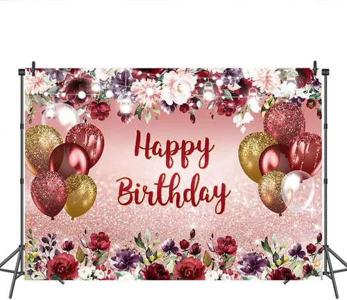 Miniatura 3 de Mocsicka Telón de fondo floral de feliz cumpleaños, flores burdeos, oro rosa, fondo de fotos con purpurina, vinilo para niñas y mujeres, decoración