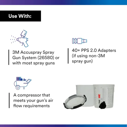 Miniatura 3 de 3M 26000 PPS 2.0 Kit de taza, tapas y forros para pistola pulverizadora, estándar, filtro de 200 micrones, 22 onzas, negro, plateado