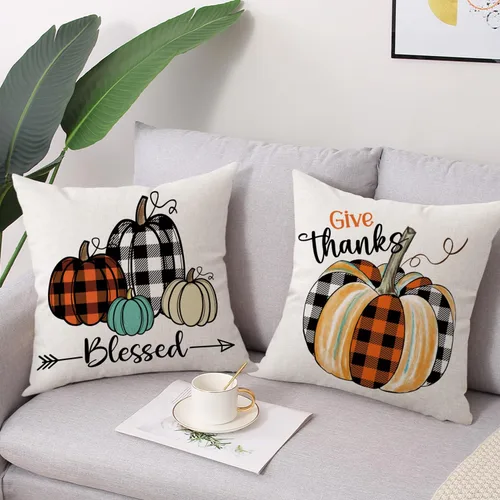 Miniatura 2 de Fundas de Almohada Decorativas de Otoño 18x18 Pulgadas Juego de 4 para Decoración de Otoño Calabaza Gris Camión Feliz Cosecha Granja Decorativas
