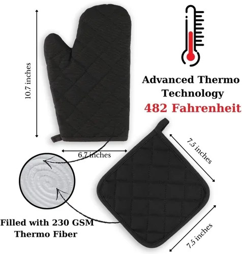 Miniatura 3 de Juego de delantales de 3 piezas; delantal de cocina ajustable, guantes de horno resistentes al calor, soporte para ollas I 482 °F I Delantales