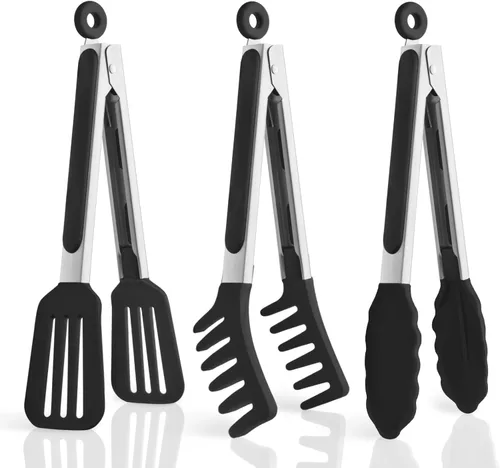 Paquete de 3 pinzas de silicona para cocinar, Maywe Tanso pinzas de cocina de 9 pulgadas con puntas de silicona, pinzas de acero inoxidable