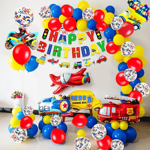 Miniatura 6 de MOVINPE Decoración de Cumpleaños de Transporte para Niños Pancarta de Feliz Cumpleaños Autos Autobús Escolar Tren Camión de Bomberos Motocicleta