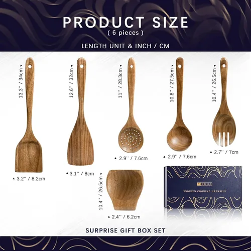 Miniatura 2 de Cucharas de madera para cocinar, juego de utensilios de cocina antiadherentes con 5 espátulas y cucharas de madera de acacia, así como un soporte