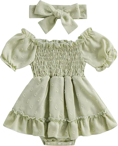 Mameluco para bebés y niñas de 3, 6, 9, 12, 18 meses, enterizo de manga corta, fruncido, faldas y dobladillo, diadema