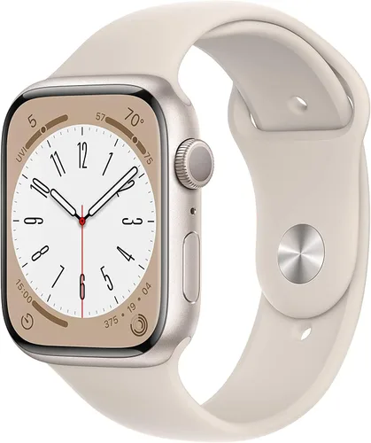 Apple Watch Series 8 - Reloj inteligente con caja de aluminio de color blanco (Starlight) y correa deportiva de color blanco (Starlight), M/L
