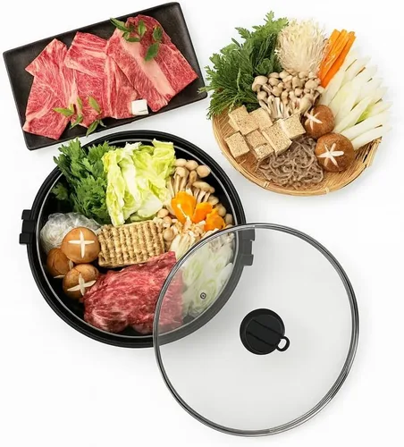 Miniatura 3 de JapanBargain 3868, Sukiyaki Nabe Pot Shabu Shabu Olla Caliente Pan con Tapa de Vidrio para Calefacción por Inducción Estufa IH