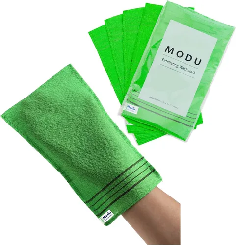 Miniatura 9 de Modu Guantes exfoliantes coreanos grandes, 4 unidades (verde, amarillo, azul cielo, rosa) – Guantes exfoliantes exfoliador corporal toalla italiana