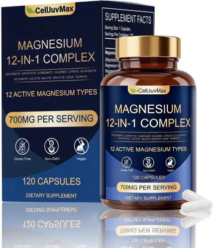 Complejo 12 en 1 de magnesio 700 mg, con glicinato y citrato, suplemento vegano para el bienestar diario, 120 cápsulas (1)