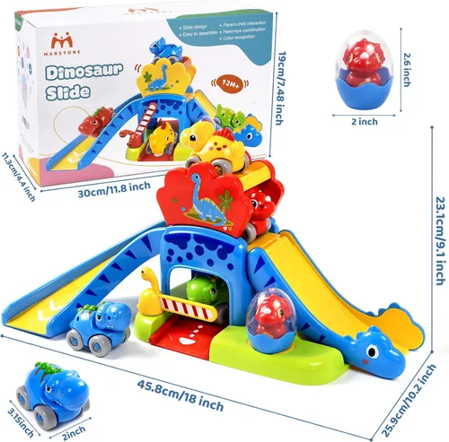 Miniatura 6 de Marstone Juguetes para niños de 1 a 2 años: Diapositiva de dinosaurio con 4 autos de animales, juguetes educativos para bebés de 12 a 18 meses