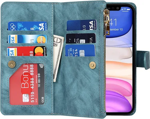 Miniatura 5 de Funda tipo cartera compatible con iPhone 11, piel sintética azul de 6.1 pulgadas, PC, funda delgada de TPU con 9 ranuras para tarjetas, bolsillo