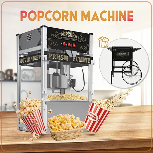 Miniatura 7 de Máquina de palomitas de maíz con carro, hervidor de acero inoxidable de 20 onzas, máquina para hacer palomitas de maíz estilo cine vintage para Negro