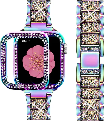 Miniatura 12 de SUPOIX - Correa compatible con Apple Watch de 1.49 pulgadas + funda, joyería para mujer con diamantes brillantes, bandas de metal y 2